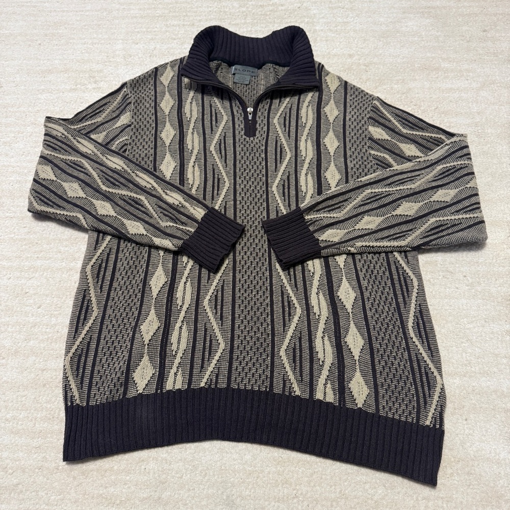 Vintage Park Slope 3D Knit 1/4 Zip Sweater Cosby Brown Men's Small 90's Relaxed